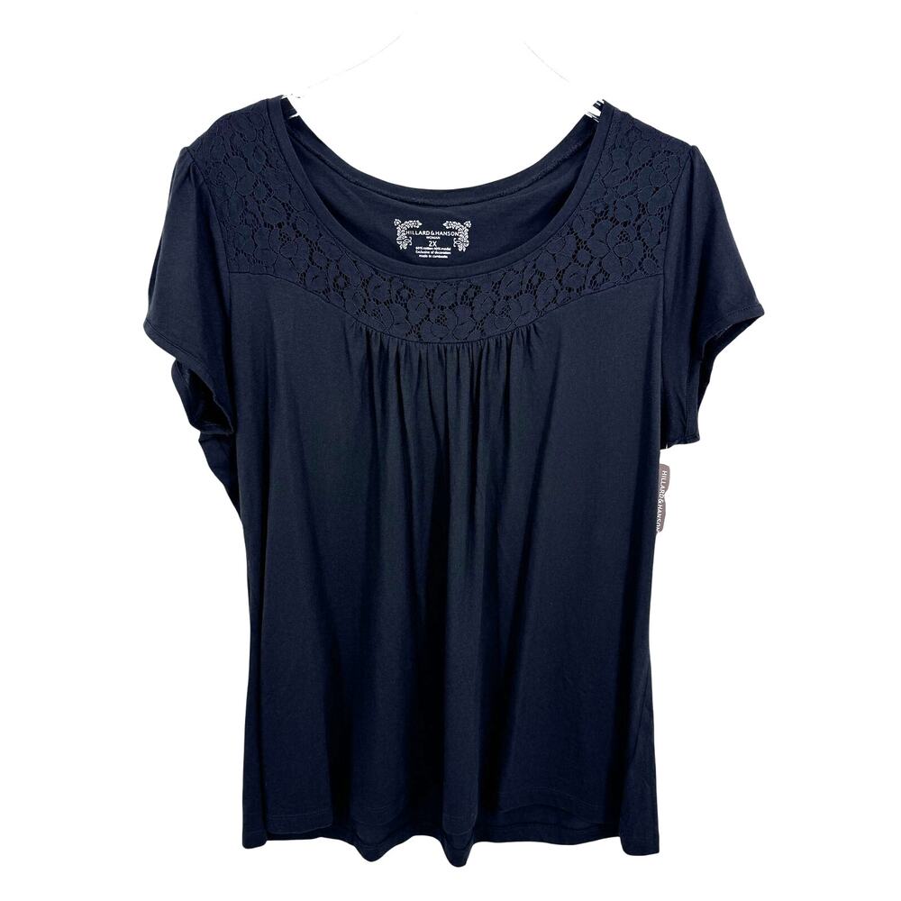 Hillard & Hanson blouse women's 2X modal lace overlay scoop neck black boho NEW